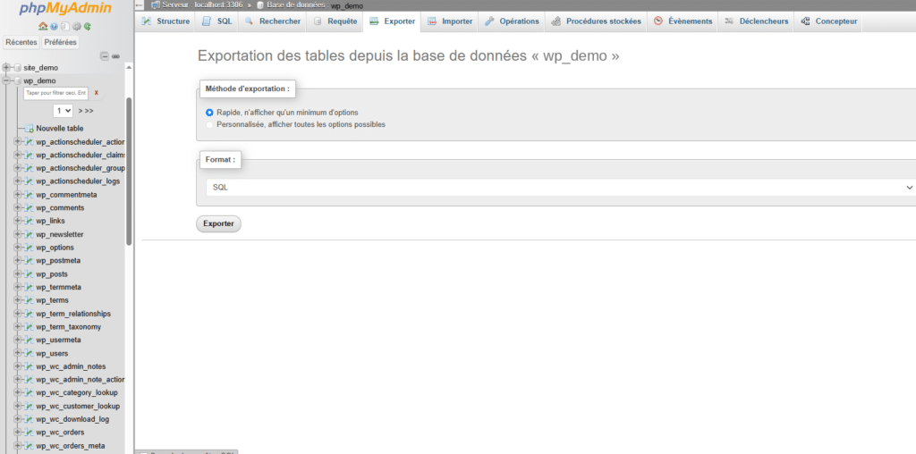 Export de la base de données MySQL d'un site WordPress depuis phpMyAdmin avant un changement de domaine