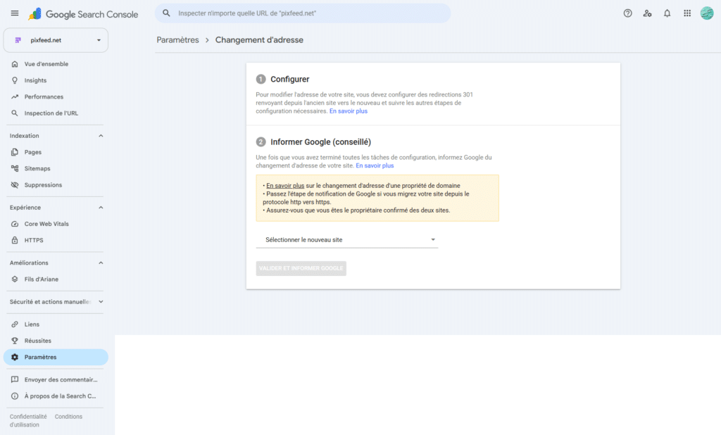 Écran Changement d'adresse de Google Search Console, avec le sélecteur de la propriété de destination