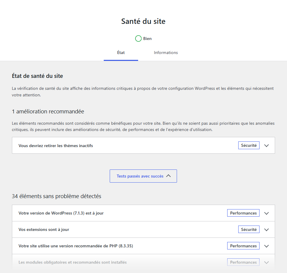 Écran Santé du site de WordPress avec l'état général du site et la liste des améliorations recommandées