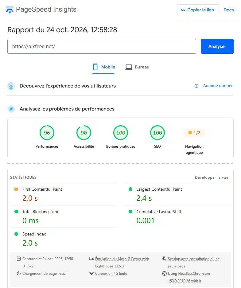 Rapport PageSpeed Insights mobile de la page d'accueil de pixfeed.net du 24 octobre 2026 : aucune donnée sur l'expérience des utilisateurs, performances 96, LCP 2,4 s, CLS 0,001, test simulé sur Moto G Power en 4G lente