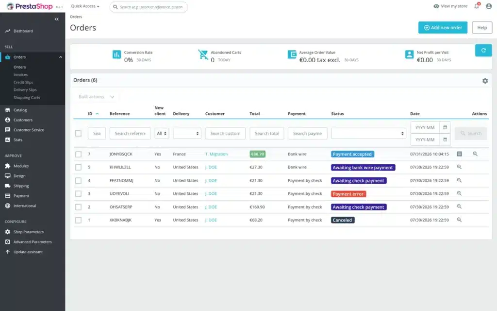 Commande test dans le back-office PrestaShop lors de la recette avant mise en production d'une migration