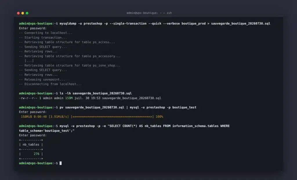 Export et import de la base de données d'une boutique PrestaShop en ligne de commande avec mysqldump