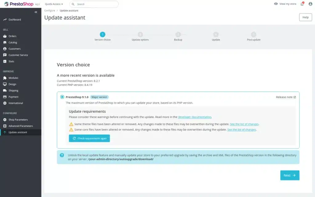 Vérifications de compatibilité du module Update Assistant avant une migration PrestaShop 1.7 vers 8