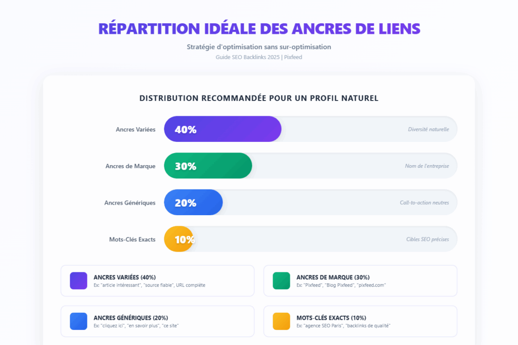 Distribution optimale des ancres : 40% variées, 30% marque, 20% génériques, 10% exactes