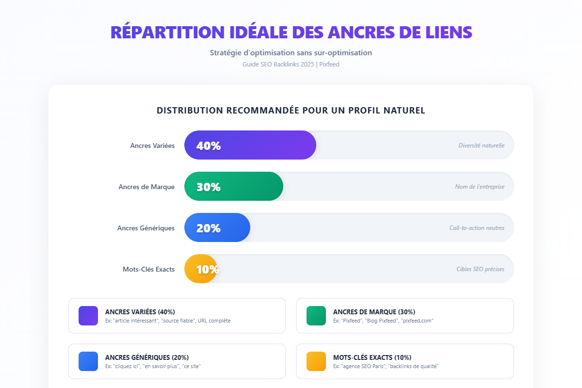 Distribution optimale des ancres : 40% variées, 30% marque, 20% génériques, 10% exactes