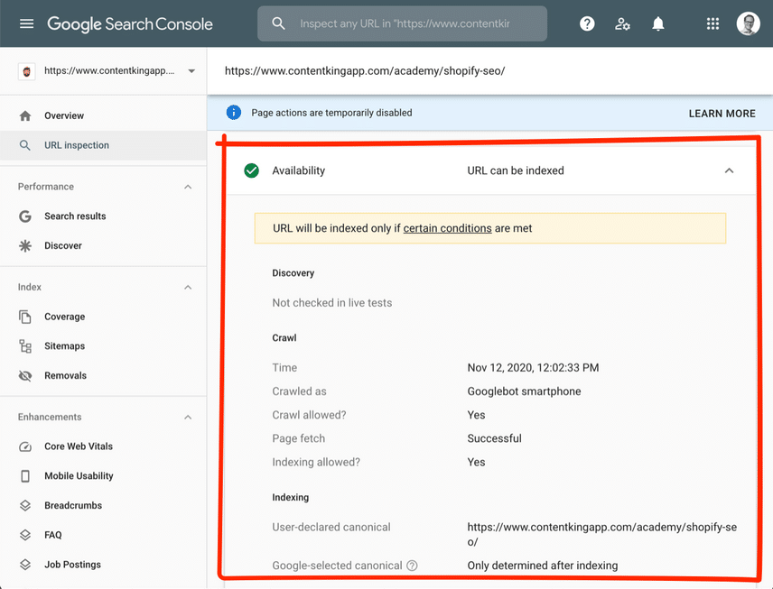 Inspection d’URL — statut d’indexation