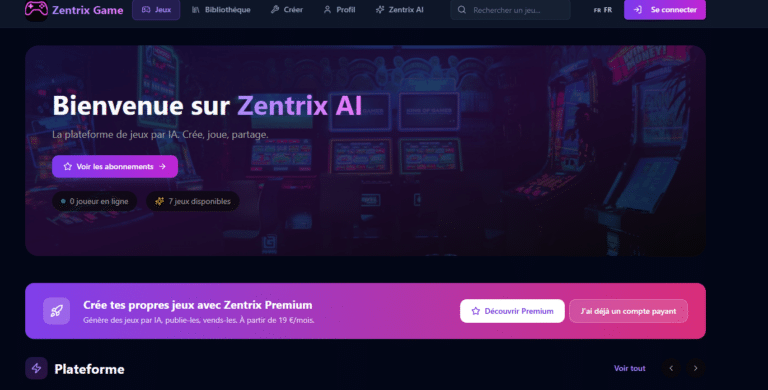 Zentrix – Plateforme de gaming IA