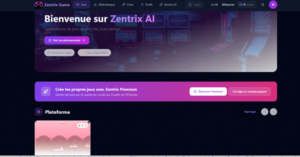 ZENTRIX AI plateforme de création de jeu à partir d'un chatbot ia