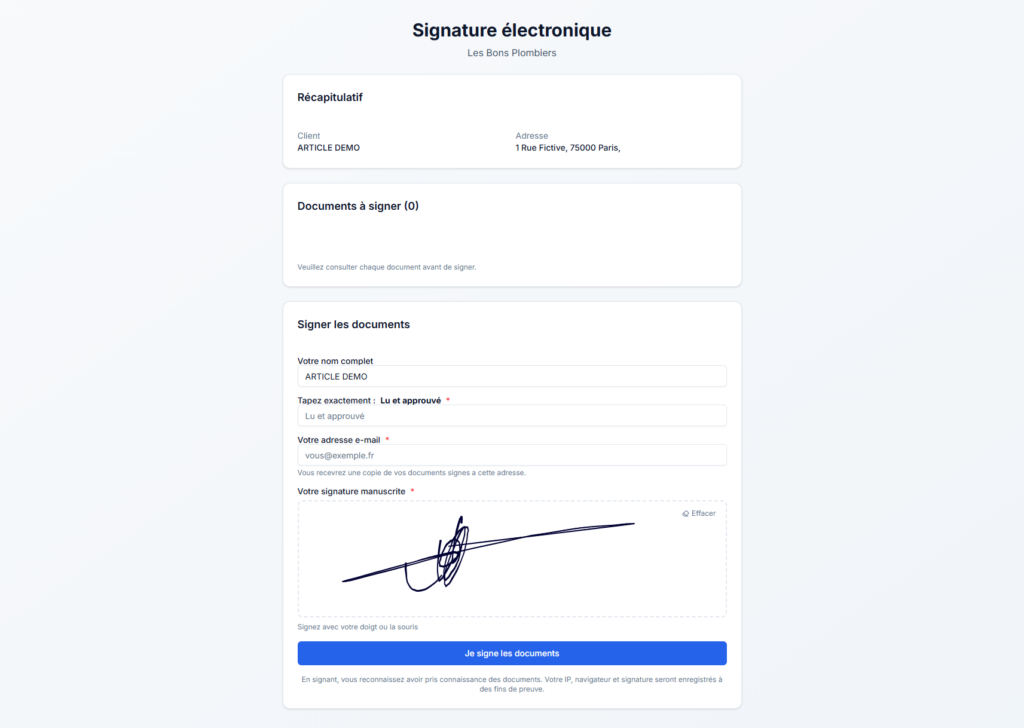 page de signature électronique sur mobile avec tracé au doigt