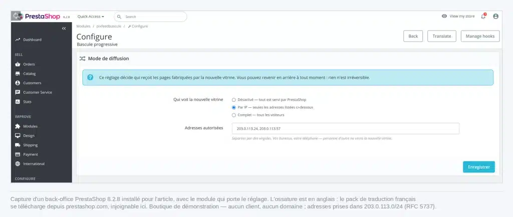 Bascule progressive headless pilotée depuis le back-office PrestaShop ⚠️ Si capture réelle : retirer/flouter tout ce qui identifie le client (nom, domaine, produits reconnaissables).