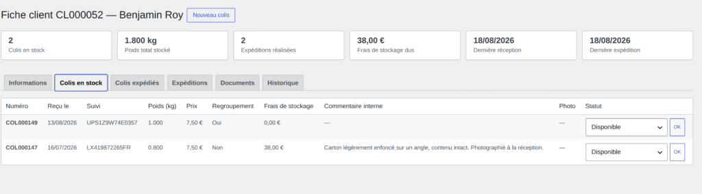 fiche client d'un réexpéditeur avec indicateurs de stock et frais de stockage